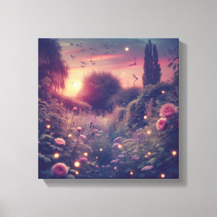 Twilight Firefly Tuin met Wilde Bloemen en Klimpla Canvas Afdruk