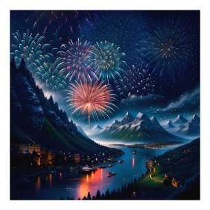 Twilight Mountain met vuurwerk Foto Afdruk