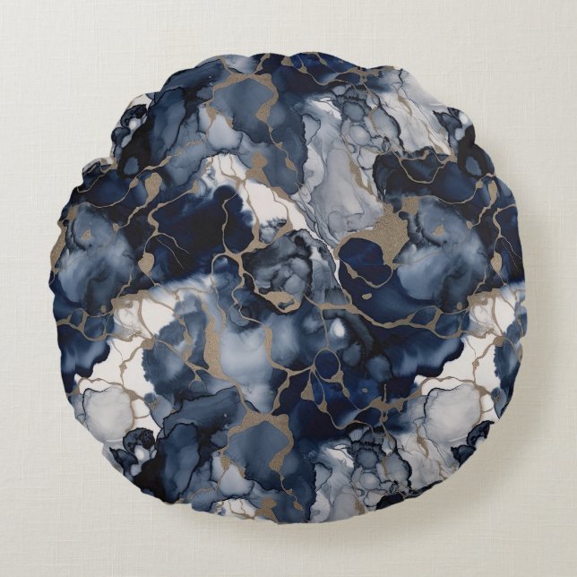 Twilight Navy Blue en Grey met Antiek Gold Rond Kussen (Voorkant)