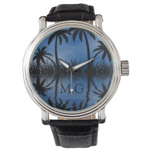 Twilight Palm Trees Silhouettes Tropical Monogram Horloge
