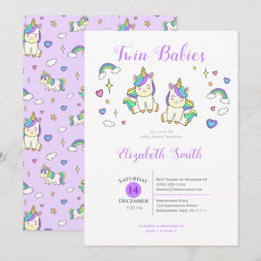Twin Babies Cute unicorn baby shower Invitation (Devant / Derrière)