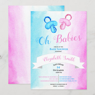Twin baby boy and girl watercolor babyshower kaart