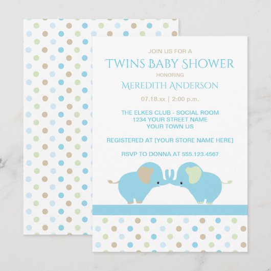 Twin Baby Boy Elephants Baby Shower Invitations (Devant / Derrière)