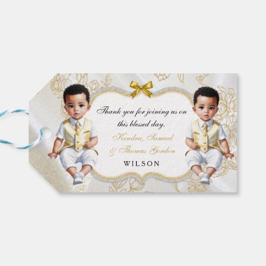 Twin Baby Boys Baptisme CommuneGold White Cadeaulabel (Achterkant Horizontaal)