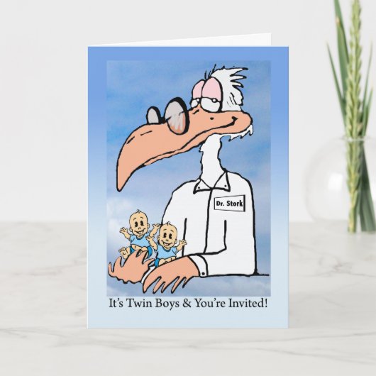 Twin Baby Boys Shower Invitation, Dr. Stork (Voorkant)