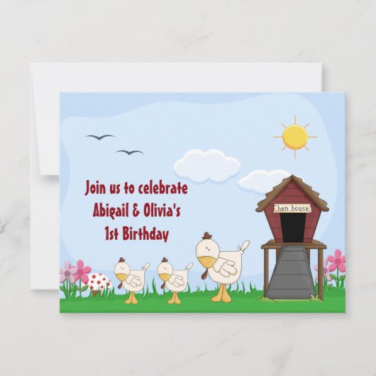 Twin Baby Girl Chicks 1er anniversaire Invitation (Devant)