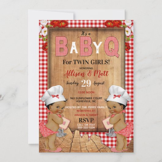 Twin Baby Girls Red Gingham Wood Baby Q Barbecue Kaart (Voorkant)