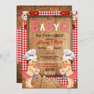 Twin Baby Girls Red Gingham Wood Baby Q Barbecue Kaart