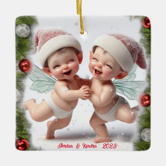 Twin Baby Kerstfeeën Keramisch Ornament (Voorkant)