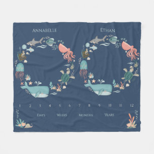 Twin Baby Milestone Blue Under the Sea Animals Fleece Deken