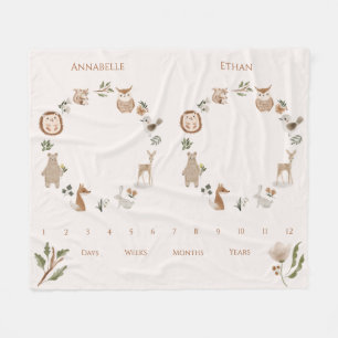 Twin Baby Milestone Boho Woodland Animals Fleece Deken
