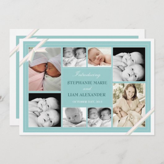 Twin Baby Photo Collage Faire-part bébé | Sarcelle (Devant / Derrière)