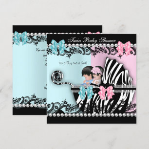 Twin Baby shower Cute Girl Pink Boy Blue Zebra 3 Kaart