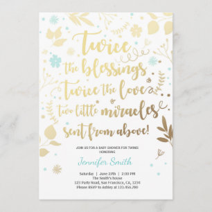 Twin Baby shower Invitation Gold Blue boy douche Kaart