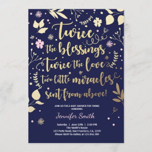 Twin Baby shower Invitation Gold Pink Navy Girl Kaart