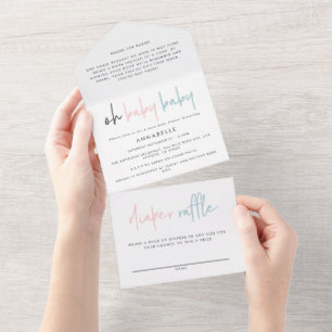 Twin baby shower roze blauwe, moderne typografie all in one uitnodiging