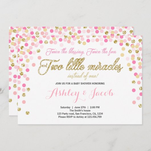 Twin Baby shower Uitnodiging Meisjes Roze en goud (Voorkant / Achterkant)