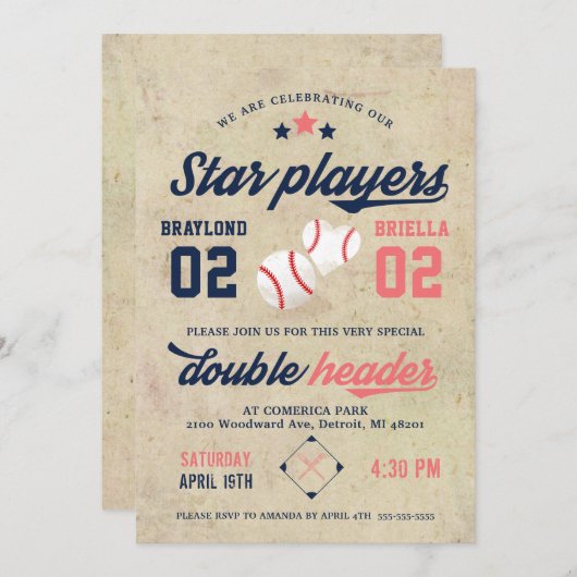 Twin Baseball Anniversaire Invitation Garçon Fille (Devant / Derrière)