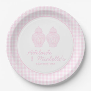 Twin Birthday Ginger Jars Coquette Pink Gingham Papieren Bordje