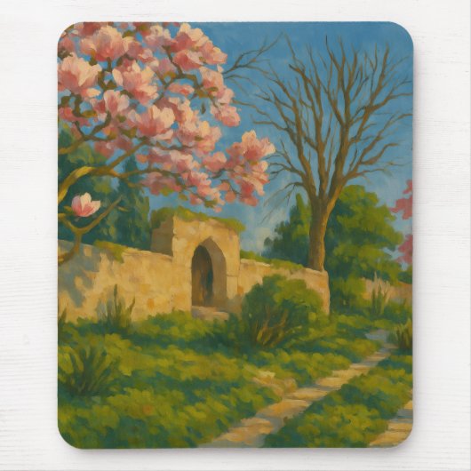 Twin Blossoms – Tranquil Garden Path Painting Muismat (Voorkant)