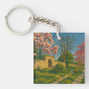 Twin Blossoms – Tranquil Garden Path Painting Sleutelhanger