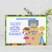 Twin Bowling Birthday Party Invitation Kaart (Staand voorkant)