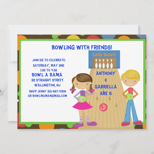 Twin Bowling Birthday Party Invitation Kaart (Voorkant)