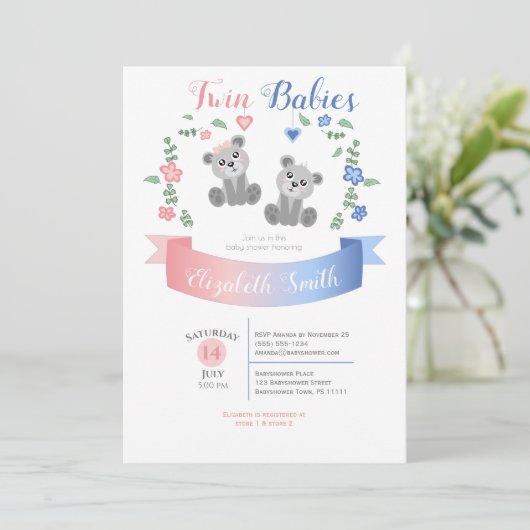 Twin boy and girl Cute bear babyshower Kaart (Staand voorkant)