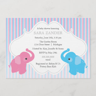 Twin Boy and Girl Elephant Baby shower Invitation Kaart