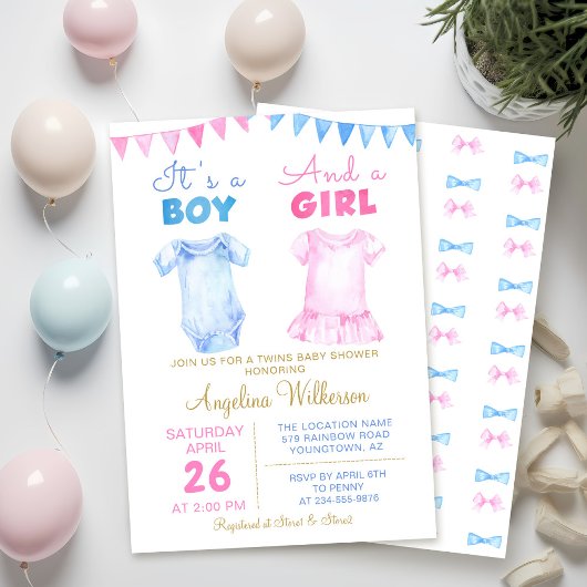 Twin Boy and Girl Pink Blue Baby shower Invitation