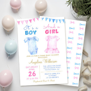 Twin Boy and Girl Pink Blue Baby shower Invitation Kaart