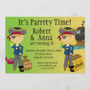 Twin Boy and Girl Pirate Birthday Party Invitation Kaart