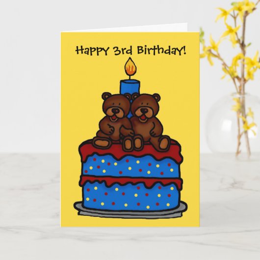 Twin Boy beren op taart Verjaardag 3 Kaart (Gele Bloem)