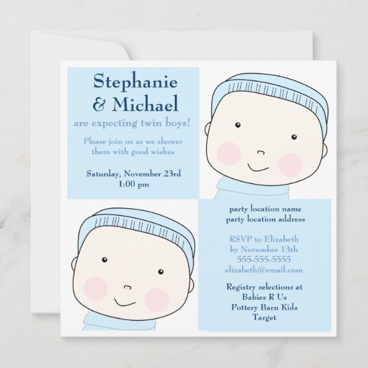 Twin Boy Blue Couples Baby shower Invitation Kaart (Voorkant)