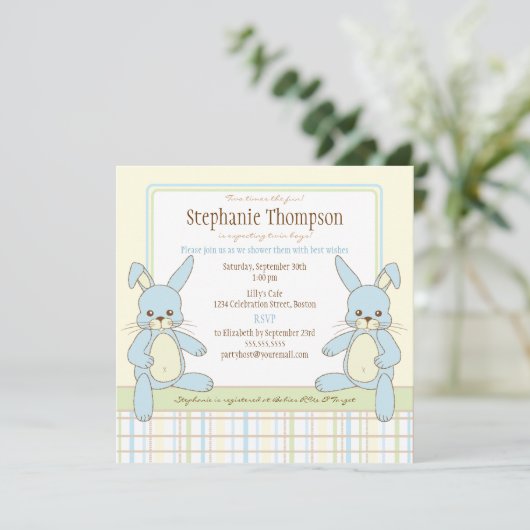 Twin Boy Bunny Rabbits Baby shower Invitation Kaart (Staand voorkant)