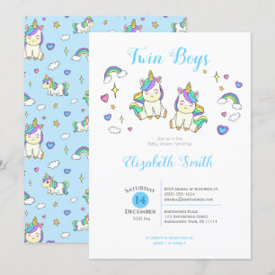Twin Boy Cute unicorn baby shower Invitation