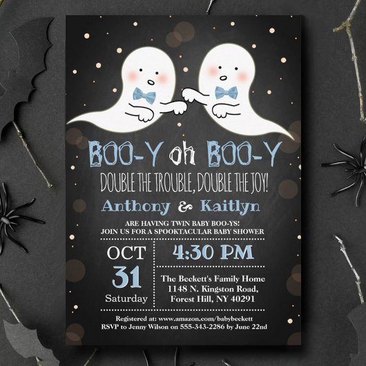 Twin Boy Ghosts Halloween Baby shower Kaart