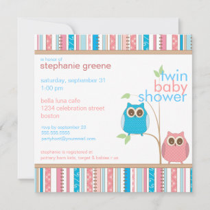 Twin Boy & Girl Baby Owl PInk & Blue Baby shower Kaart