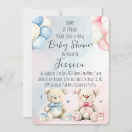 Twin Boy & Girl Bear Baby Shower Invitation Kaart