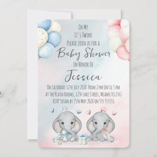 Twin Boy & Girl Elephant  Baby Shower Invitation (Devant)