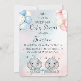 Twin Boy & Girl Elephant  Baby Shower Invitation Kaart