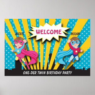 Twin Boy Girl Superheld Birthday Poster
