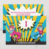 Twin Boy Girl Superhero Invitation d'anniversaire (Devant / Derrière)
