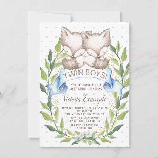 Twin Boy Woodland Fox Baby Shower Uitnodigingen (Voorkant)
