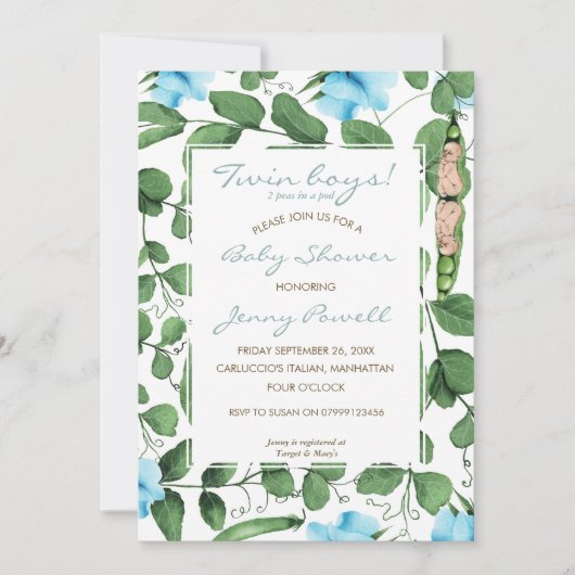 Twin Boys baby shower deux pois dans un invitation (Devant)