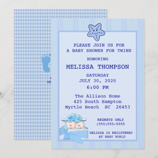 Twin Boys Baby shower Invitation Kaart (Voorkant / Achterkant)