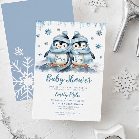 Twin Boys Baby shower Penguin Invitation