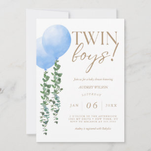 Twin Boys Blauw Ballon Baby Boys Douche Uitnodigin Kaart