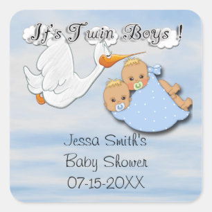 Twin Boys Blonde - Ooievaar Baby shower Favor stic Vierkante Sticker