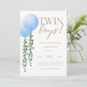 Twin Boys Blue Balloon Baby Boys Shower Invitation (Debout devant)